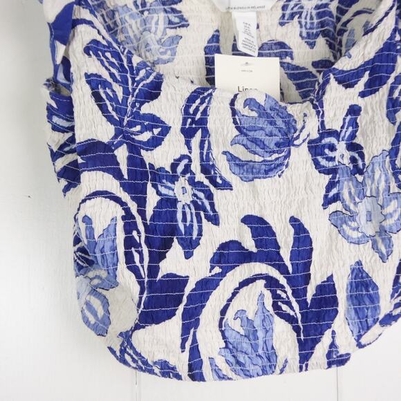 H&M Top Womens SZ XL Cropped Smocked Top Linen Blend Puff Sleeves Beachy Coastal - Picture 3 of 12